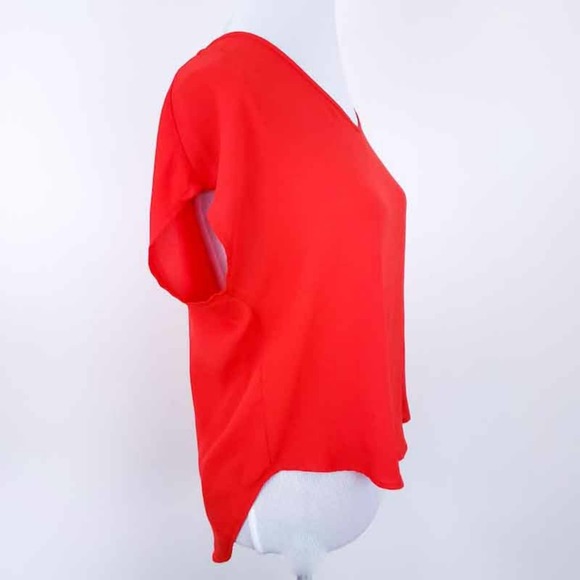 LUSH Blouse Short Sleeve Orangey Red Lightweight Vneck Oversized XS - Picture 3 of 6